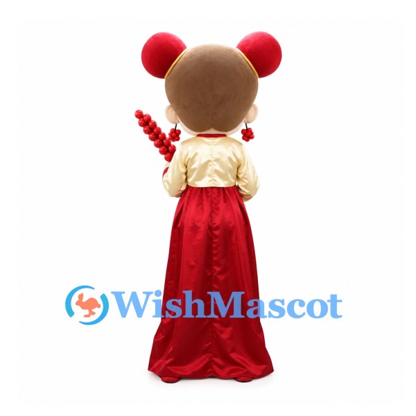 Girl Mascot Costume with Red Hair Buns and Traditional Long Skirt