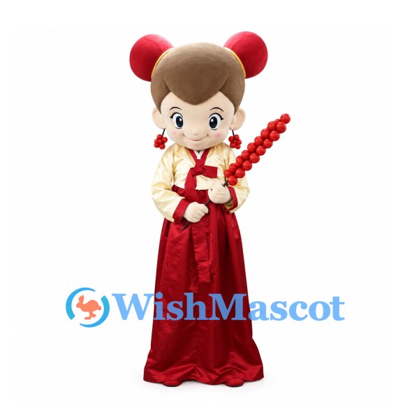 Girl Mascot Costume with Red Hair Buns and Traditional Long Skirt