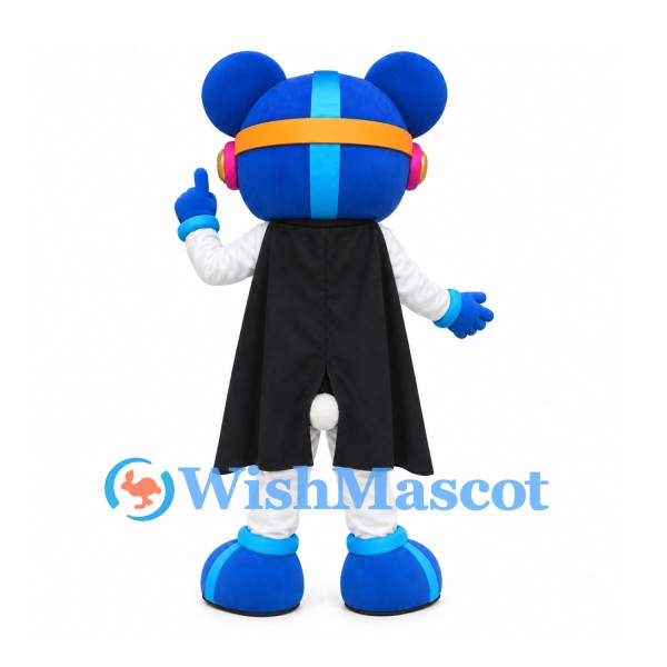 Bear Mascot Costume in Blue with Eye Mask and Black Cape