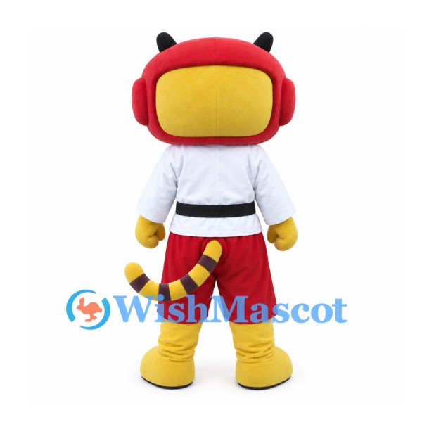 Tiger Mascot Costume with Red Headguard and White Martial Arts Shirt