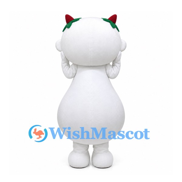 White Monster Mascot Costume with Green Hair Bows and Pear-Shaped Body