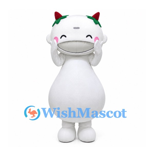 White Monster Mascot Costume with Green Hair Bows and Pear-Shaped Body
