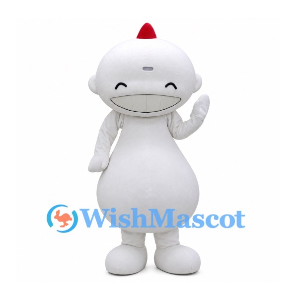 White Monster Mascot Costume with Red Crest and Pear-Shaped Body
