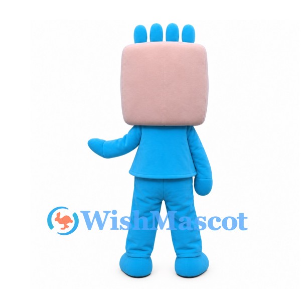 Boy Mascot Costume with Square Pink Head and Blue Outfit
