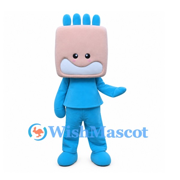 Boy Mascot Costume with Square Pink Head and Blue Outfit