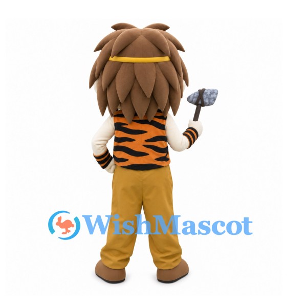 Caveman Mascot Costume with Tiger-Striped Vest and Stone Axe