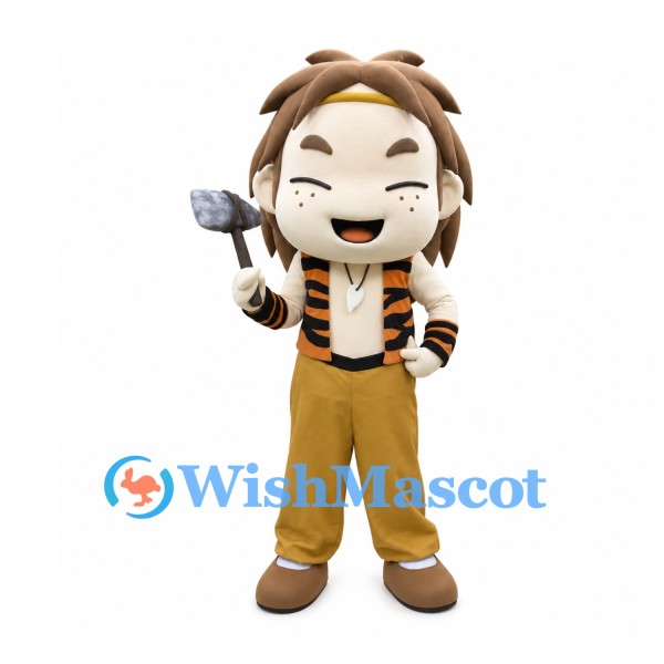 Caveman Mascot Costume with Tiger-Striped Vest and Stone Axe