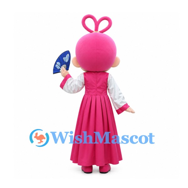 Girl Mascot Costume with Pink Hair Loops and Long Pink Dress