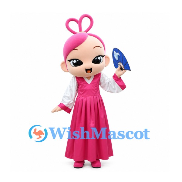 Girl Mascot Costume with Pink Hair Loops and Long Pink Dress