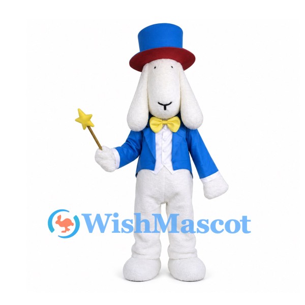 Rabbit Mascot Costume with Blue Top Hat, Jacket and Star Wand