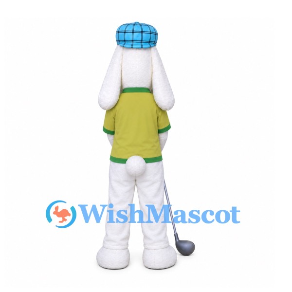 Rabbit Mascot Costume with Blue Plaid Cap and Green Polo Shirt