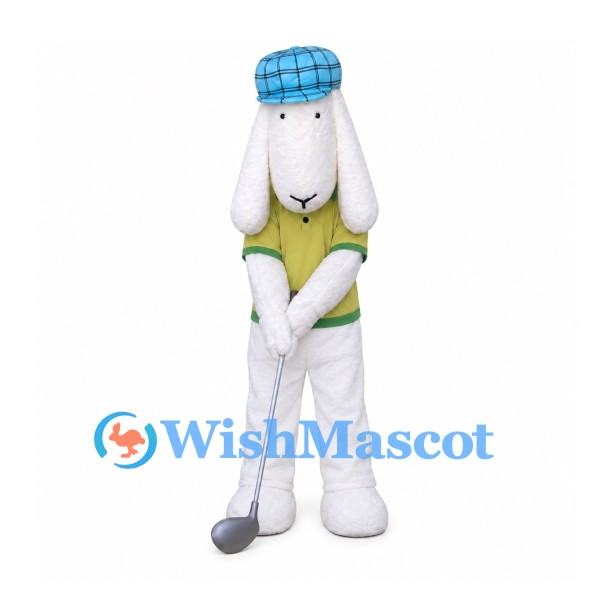 Rabbit Mascot Costume with Blue Plaid Cap and Green Polo Shirt