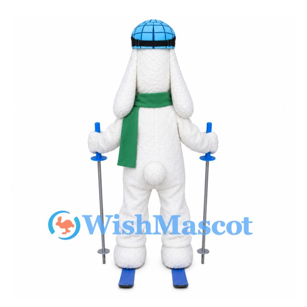 Rabbit Mascot Costume with Ski Goggles, Green Scarf and Poles