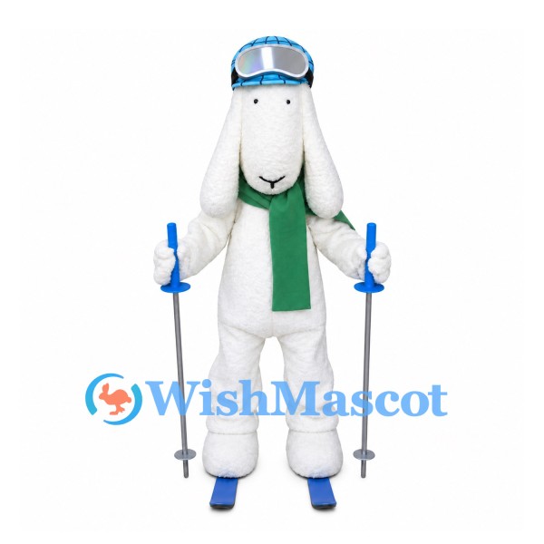 Rabbit Mascot Costume with Ski Goggles, Green Scarf and Poles