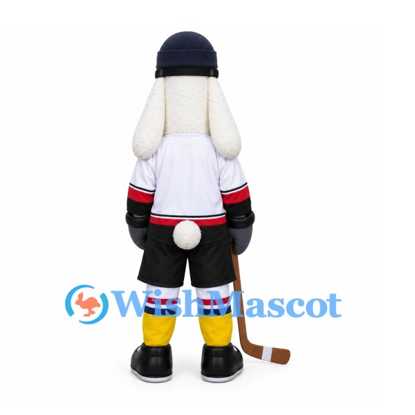 Rabbit Mascot Costume with White Hockey Shirt and Black Shorts