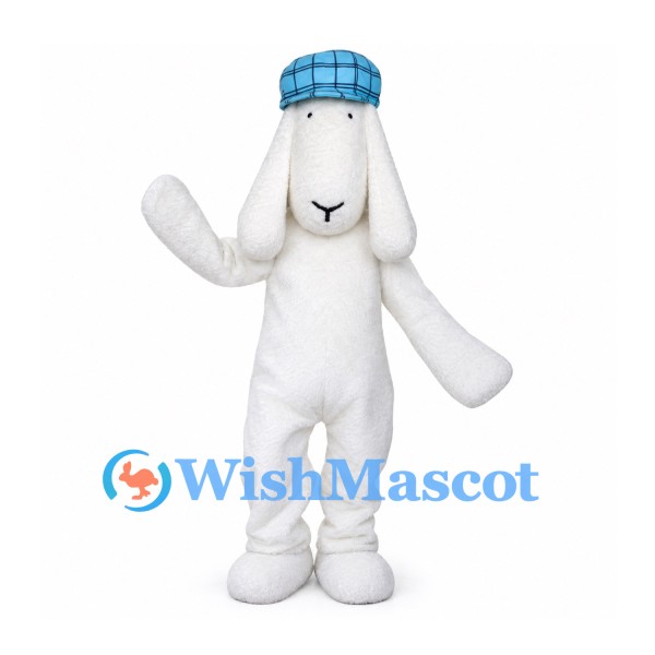 Rabbit Mascot Costume in White with Blue Plaid Cap