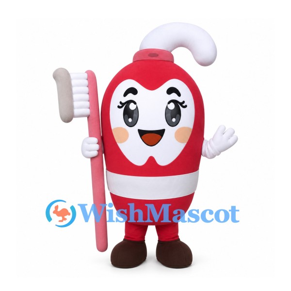 Toothpaste Mascot Costume in Red and White with Toothbrush Prop