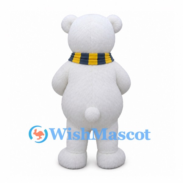 Polar Bear Mascot Costume with Yellow and Gray Striped Scarf