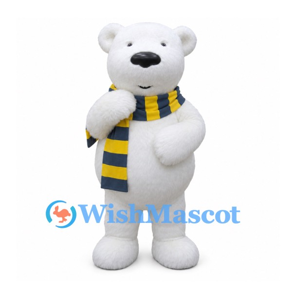 Polar Bear Mascot Costume with Yellow and Gray Striped Scarf