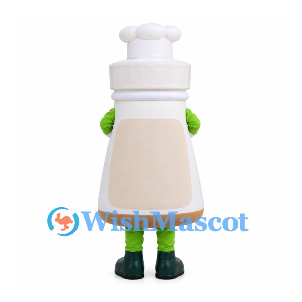 Bottle Mascot Costume in Cream with White Cap and Green Sleeves