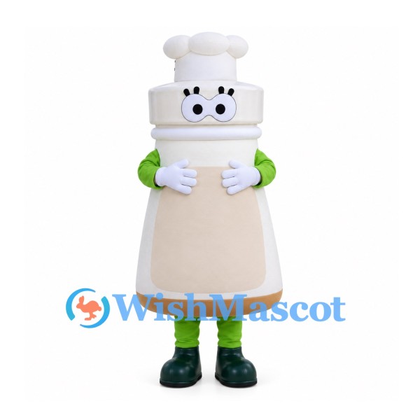 Bottle Mascot Costume in Cream with White Cap and Green Sleeves