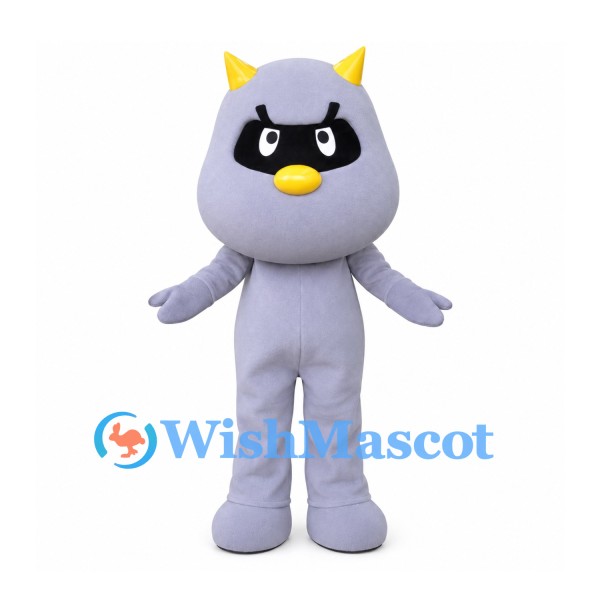 Monster Mascot Costume in Gray with Black Eye Mask and Yellow Horns