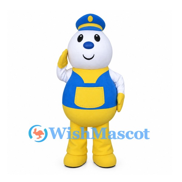 Penguin Mascot Costume with Blue Cap and Yellow Overalls