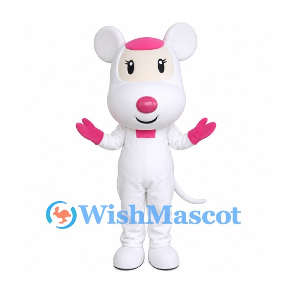 Mouse Mascot Costume in White with Pink Nose and Cap