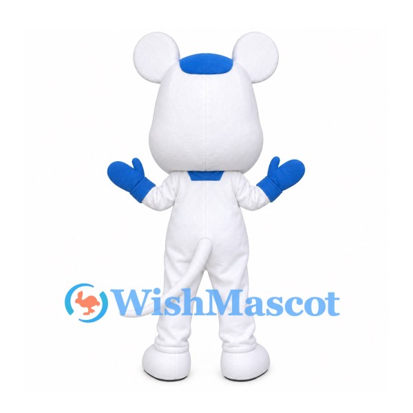 Mouse Mascot Costume in White with Blue Nose and Bow Tie
