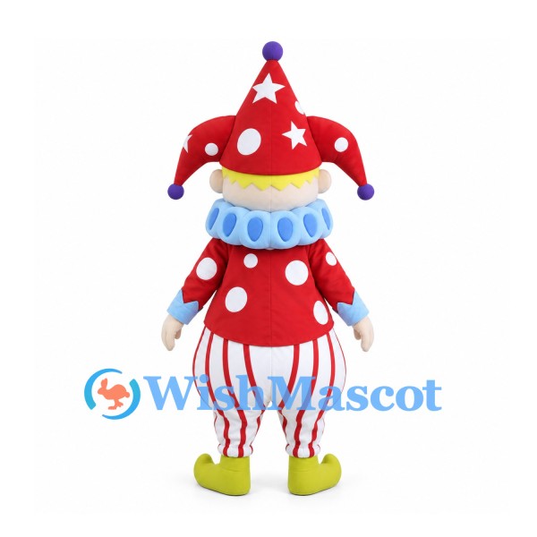 Clown Mascot Costume with Red Star Hat and Striped Trousers