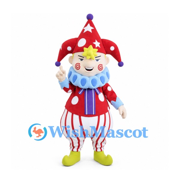 Clown Mascot Costume with Red Star Hat and Striped Trousers