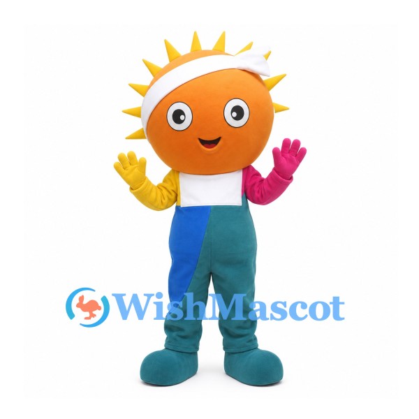 Sun Mascot Costume with White Headband and Colorful Overalls