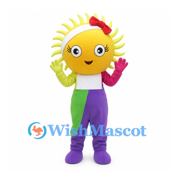Sun Mascot Costume with Red Bow and Purple and Green Overalls