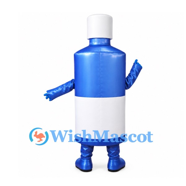 Bottle Mascot Costume in Metallic Blue with White Cap and Label