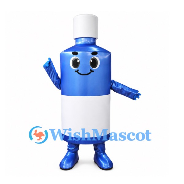 Bottle Mascot Costume in Metallic Blue with White Cap and Label