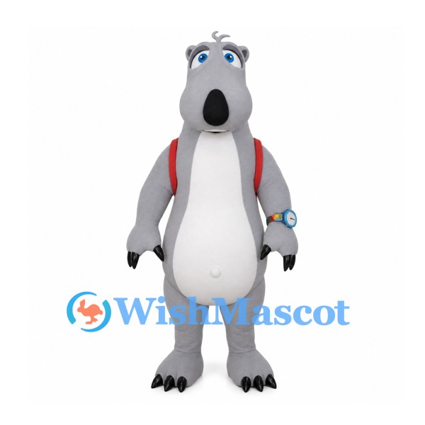 Hippo Mascot Costume in Gray with Red Backpack