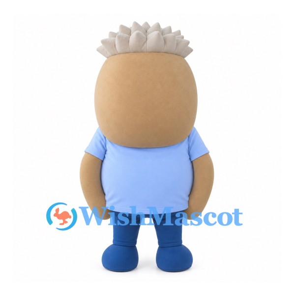 Boy Mascot Costume with Tan Oval Head and White Spiky Hair