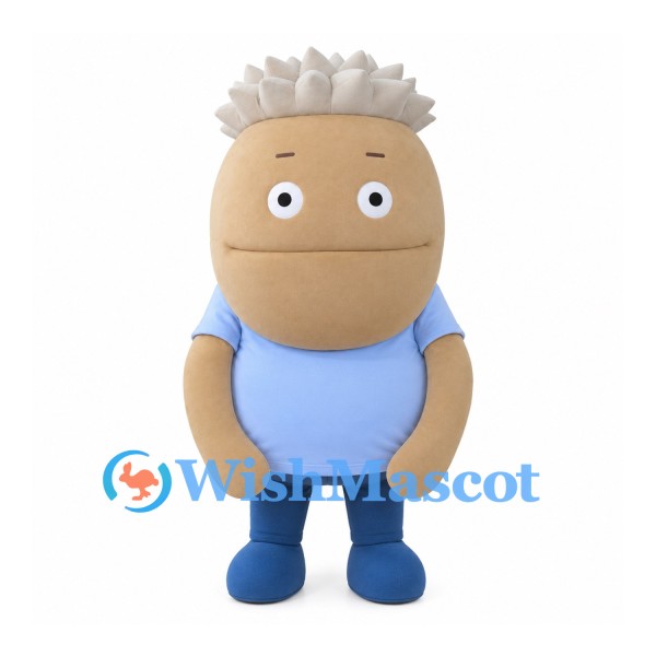 Boy Mascot Costume with Tan Oval Head and White Spiky Hair