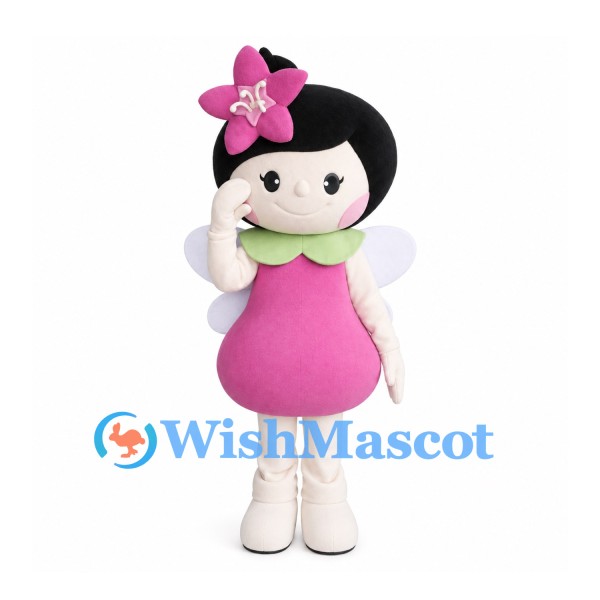 Fairy Girl Mascot Costume with Pink Dress and White Wings