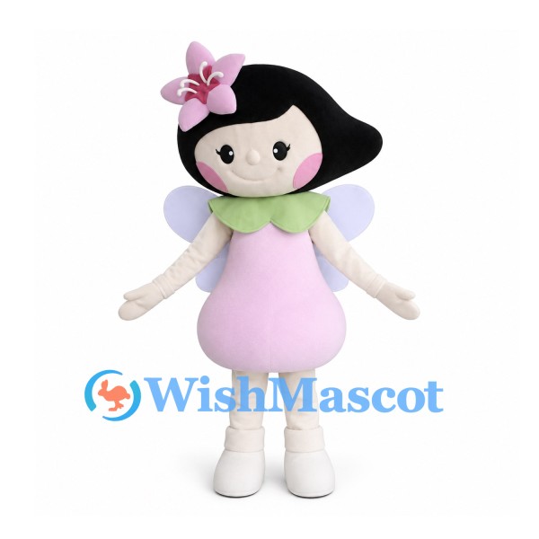 Fairy Girl Mascot Costume with Light Pink Dress and Lavender Wings