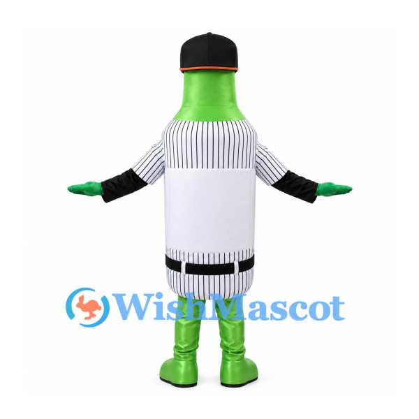 Bottle Mascot Costume in Green with Black Cap and Striped Label