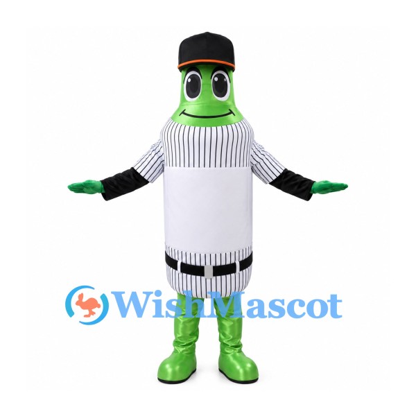 Bottle Mascot Costume in Green with Black Cap and Striped Label