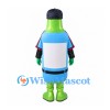 Bottle Mascot Costume in Green with Blue Shirt and Navy Cap