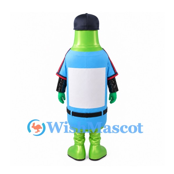 Bottle Mascot Costume in Green with Blue Shirt and Navy Cap