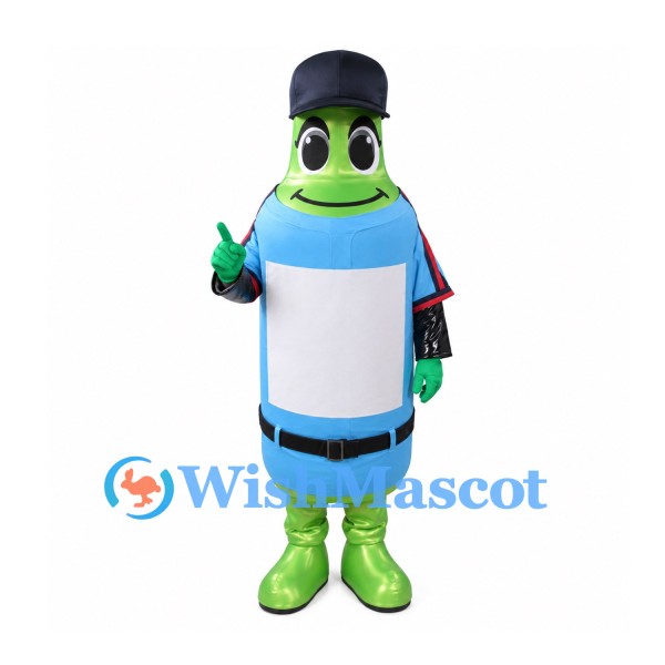 Bottle Mascot Costume in Green with Blue Shirt and Navy Cap