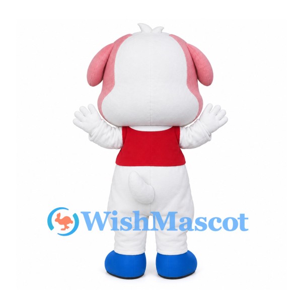 Dog Mascot Costume in White with Pink Ears and Red Vest