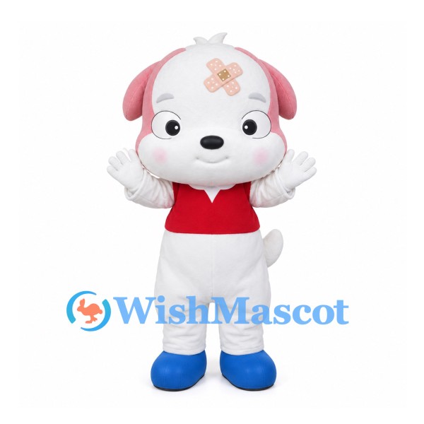 Dog Mascot Costume in White with Pink Ears and Red Vest