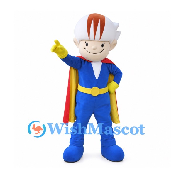 Superhero Mascot Costume with White Helmet, Blue Suit and Red Cape