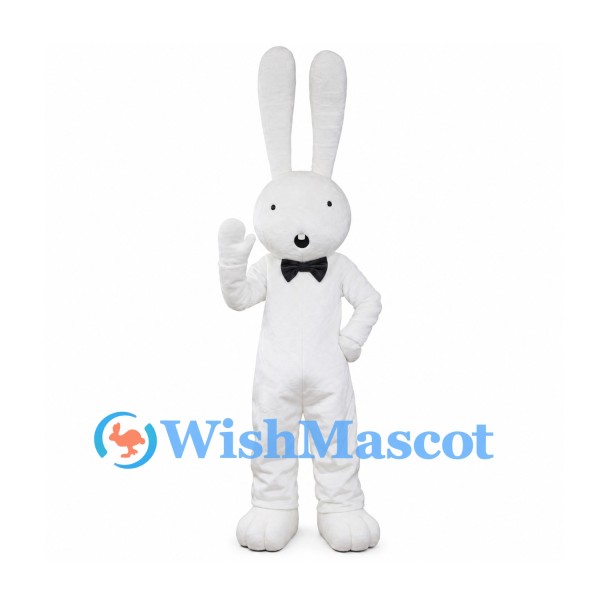 Rabbit Mascot Costume in White with Long Ears and Black Bow Tie