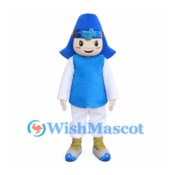 Boy Mascot Costume with Blue Hood, Vest and White Trousers